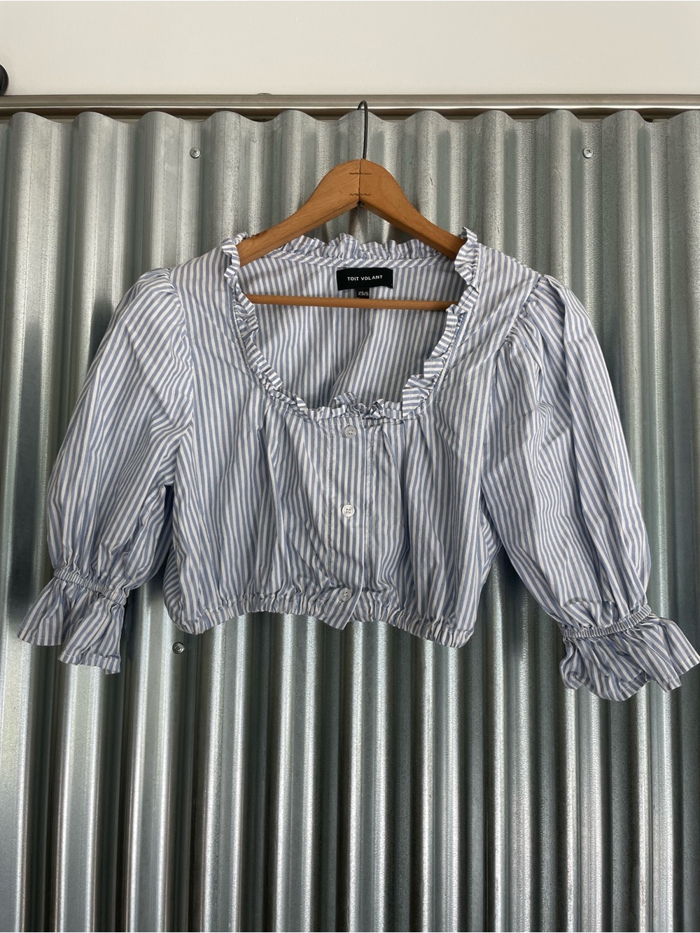 Toit Volant Blue and White Striped Ruffle Crop Top